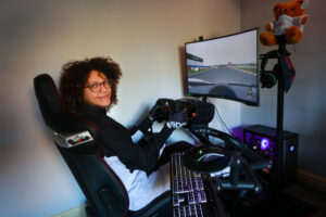 Beki on her home driving simulator. Picture by Carol Bailey
